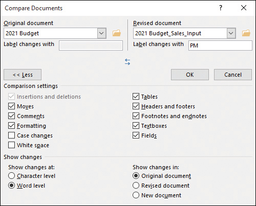 Screenshot of the Compare Documents dialog box.