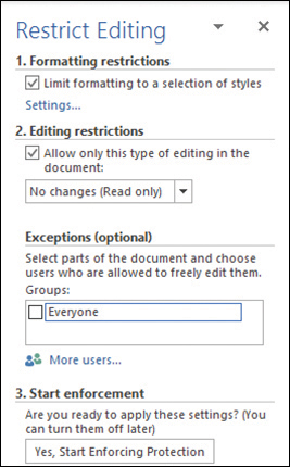 Screenshot of the Restrict Editing pane, which enables you to control how other users are allowed to make format and text changes to the document.