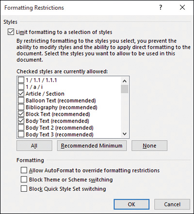 Screenshot of the Formatting Restrictions dialog box, which enables you to control how other users are allowed to make format and text changes to the document.