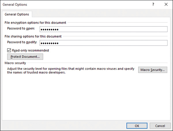 Screenshot of the General Options dialog box, which enables you to set passwords for opening and modifying the document.