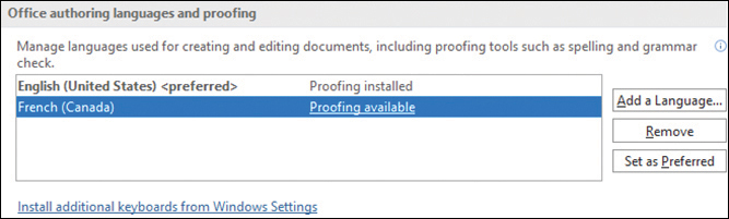 Screenshot showing the language French (Canada) added to the Office Authoring Languages And Proofing list, a section in the Language page of the Word Options dialog box.