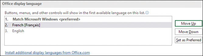 Screenshot of the Word Options dialog box with the Language page showing the language French added to the Office Display Language list.