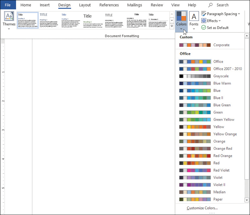 Screenshot of the Theme Colors menu displaying color palettes for a custom color set and Word's built-in color sets.
