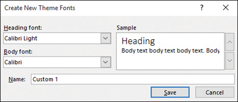 Screenshot of the Create New Theme Fonts dialog box, which includes lists for choosing the heading font and the body font.