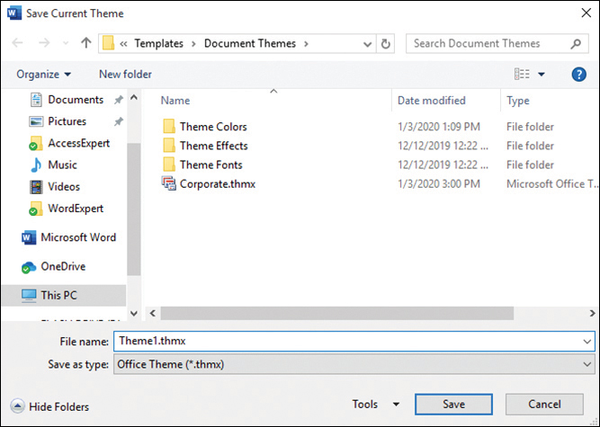 Screenshot of the Save Current Theme dialog box with the contents of the Document Themes folder displayed.