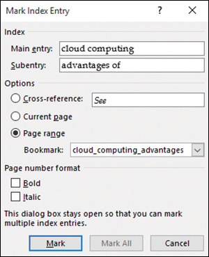 Screenshot of the Mark Index Entry dialog box with a main entry, a subentry, and the Page Range option selected and pointing to a bookmark.