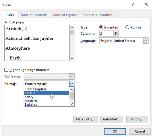 Screenshot of the Index dialog box with the Format menu displayed.
