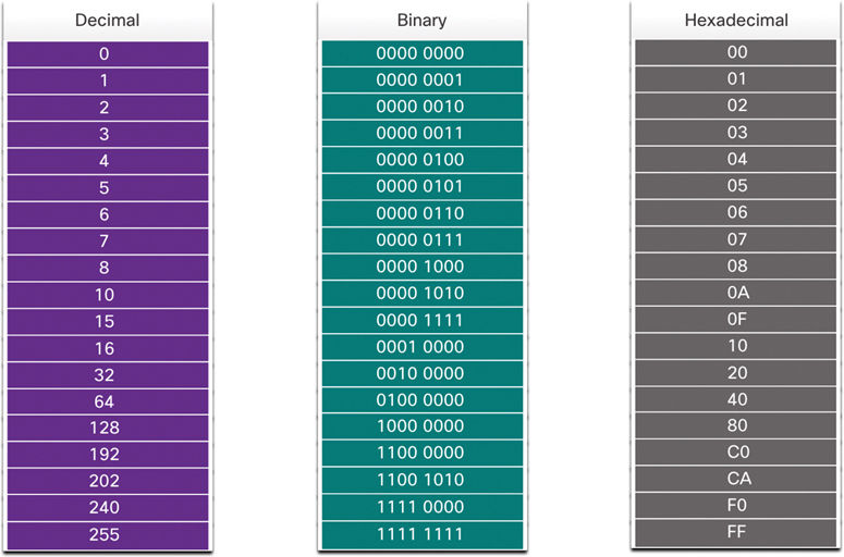 Three columns present the decimal, binary, and hexadecimal values.