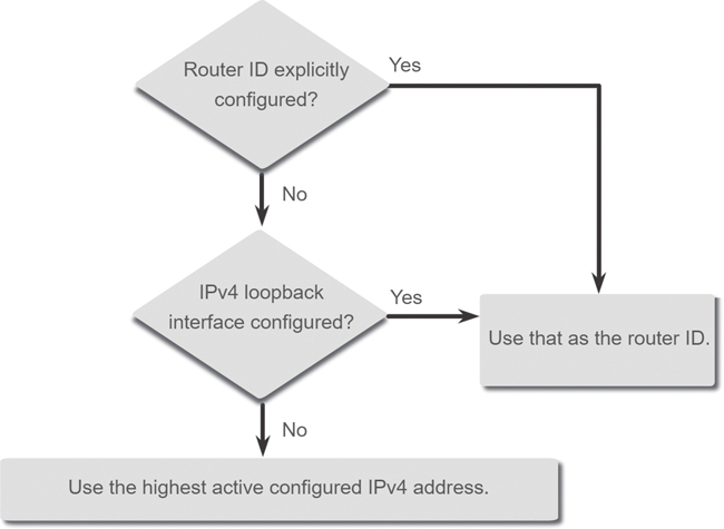 A flow chart depicts the three methods for choosing the router ID.