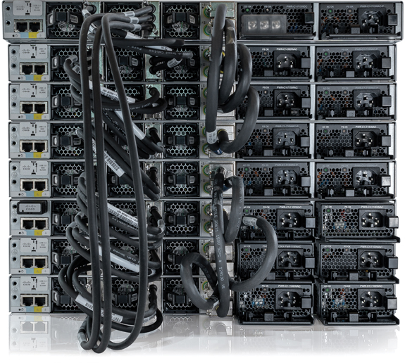 Several special cables connected to the ports of 8 stacked configuration switches is shown.