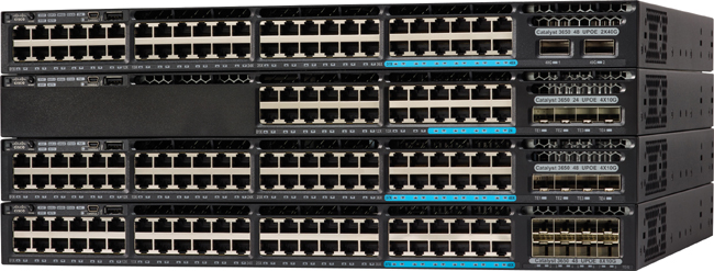 The ports in 4 Cisco Catalyst 3650 Series Switches stacked one above the other representing the 1 rack units (1U) thickness of a switch.