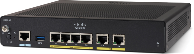 The Cisco 921-4P office router displays seven ports.