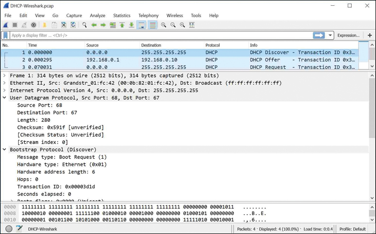 The screenshot of the Wireshark application presents Information on frames and protocols.