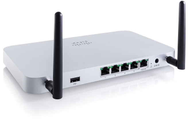 Photograph of Cisco Meraki MX64W wireless router is displayed.