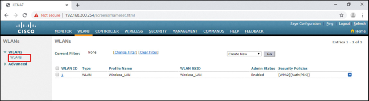 Configuration of the WLAN is shown.