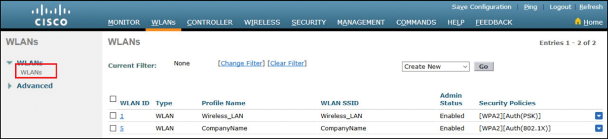 Configuration of WPA2 Enterprise WLAN is shown.