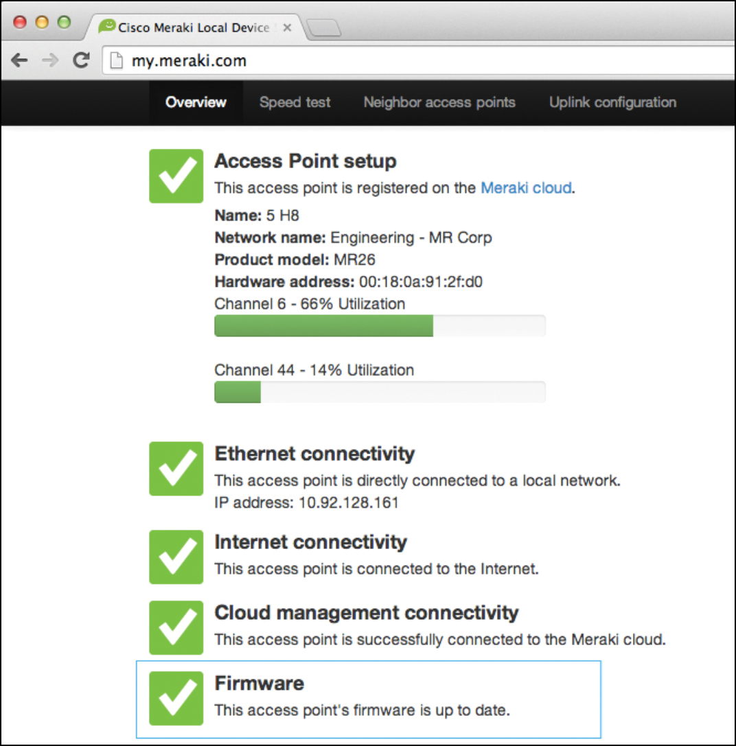 A figure depicts the verification of firmware on the Cisco Meraki access point.