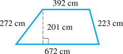 A trapezoid with bases of 392 centimeters and 672 centimeters, sides of 272 meters and 223 centimeters, and height 201 centimeters.