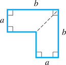 Two attached right trapezoids. Each trapezoid has base b and side ay. They share a side along their angles sides; the shared side is dashed.