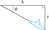 A right triangle with leg h, leg v, and a submarine traveling along the hypotenuse. Opposite leg v is angle theta.