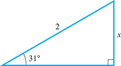 A right triangle with leg x and opposite angle 31 degrees, and hypotenuse 2.