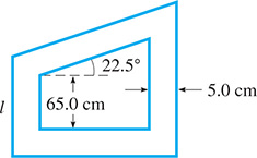 A right trapezoidal window with a 5.0 centimeter frame. One side of the window is 65.0 centimeters high, and the angled piece this side meets rises at 22.5 degrees to the horizontal. The left side of the frame is length l.