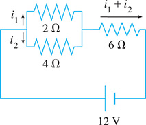 A 12 volt circuit where currents i sub 1 and i sub 2 runs through 2 Ohms and 4 Ohms, then combine as i sub 1 plus i sub 2, running through 6 Ohms.