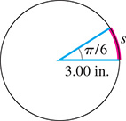 A circle with central angle pi over 6, radius 3.00 inches, and arc length s.