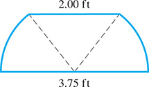 A decorative panel with a triangle wedged between two sectors. The triangle has base 2.00 feet, and the sectors has a combined base or diameter of 3.75 feet.