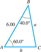 Triangle Ay B C where upper Ay = 60.0 degrees, upper B = 40.0 degrees, and side c = 6.00.
