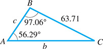 Triangle Ay B C where angle Ay = 56.29 degrees, angle B = 97.06 degrees, and side ay = 63.71.