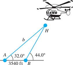 Triangle Ay B H with observers at Ay and B, and a helicopter at H. Angle Ay = 32.0 degrees, exterior angle B = 44.0 degrees, and side h = 3,540 feet. From Ay to H is side b.