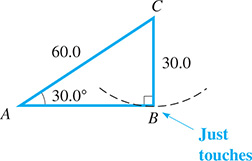 Right triangle Ay B C where angle Ay = 30.0 degrees, angle B = right angle, side ay = 30.0, and side b = 60.0. Side ay just touches vertex B as it swings through.