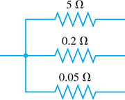 A circuit with parallel resistors of 5 Ohms, 0.2 Ohms, and 0.05 Ohms.