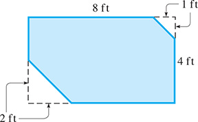 A rectangle with length 8 feet and width 4 feet has two triangular corners removed. One corner has 2 legs of 2 feet each. The other corner has 2 legs of 1 foot each.