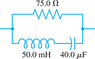 A circuit with 50.0 millihenry in series with 40.0 microfarad. This is in parallel with 75.0 Ohms.