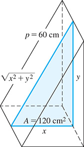 The cross section of a right triangle with leg x, leg y, hypotenuse square root of, x squared plus y squared. The triangle has perimeter p = 60 centimeters, and area Ay = 120 centimeters squared.