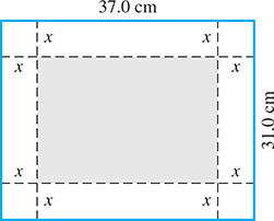 A box with length 37.0 centimeters and width 31.0 centimeters has square corners removed with sides of x each.