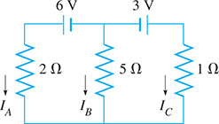 A circuit with currents I sub Ay, I sub B, and I sub C running parallel with 2 Ohms, 5 Ohms, and 1 Ohm, respectively. Between 2 and 5 Ohms is 6 volts, and between 5 and 1 Ohms is 3 volts.
