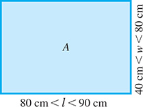 A rectangle labeled A with length 80 centimeters less than l less than 90 centimeters, and width 40 centimeters less than w less than 80 centimeters is displayed. 