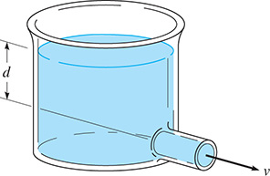 A container of water has an opening near the bottom. The opening is depth d from the surface. Water exits with velocity v.
