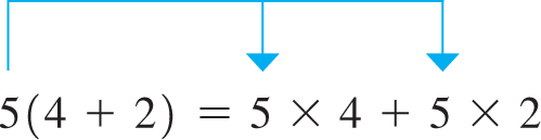 An equation represents fundamental operations, 5 times left parenthesis 4 plus 2 right parenthesis equals 5 times 4, plus 5 times 2.