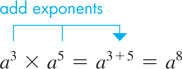 Add exponents. A cubed times a to the fifth power = a to the 3 + 5 power = z to the eighth power. 