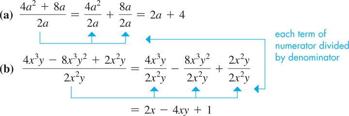 Two equations a and b illustrate monomial division.