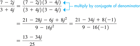 The process of dividing the complex number, start fraction 7 minus 2 j over 3 + 4 j end fraction.