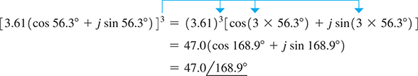 The process of solving the expression, left bracket 3.61 left parenthesis cosine 56.3 degree + j sine 56.3 degree right parenthesis right bracket cubed.