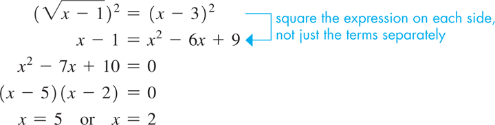 The process of solving the equation, square root of start expression x minus 1 end expression = x minus 3 has 5 steps.