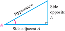 A right triangle with vertex Ay between the horizontal leg and hypotenuse. The horizontal leg is the side adjacent to Ay, and the vertical leg is the side opposite Ay.
