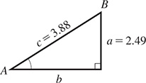 A right triangle with sides lower ay = 2.49, lower b, and lower c = 3.88, and opposite angles upper Ay, upper B, and a right angle.