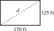 A rectangle with length 170 feet, width 125 feet, and diagonal d.